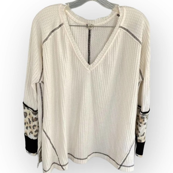 WE The Free People Oversized Waffle Knit Shirt Animal Print Ivory Size XS - Picture 6 of 12